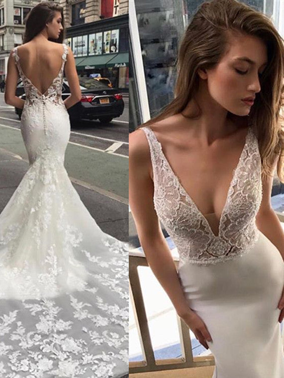 Glamorous Spaghetti Deep V Neck Mermaid Sleeveless Bridal GownNew Arrival Backless Wedding Dress with Lace Appliques-showprettydress