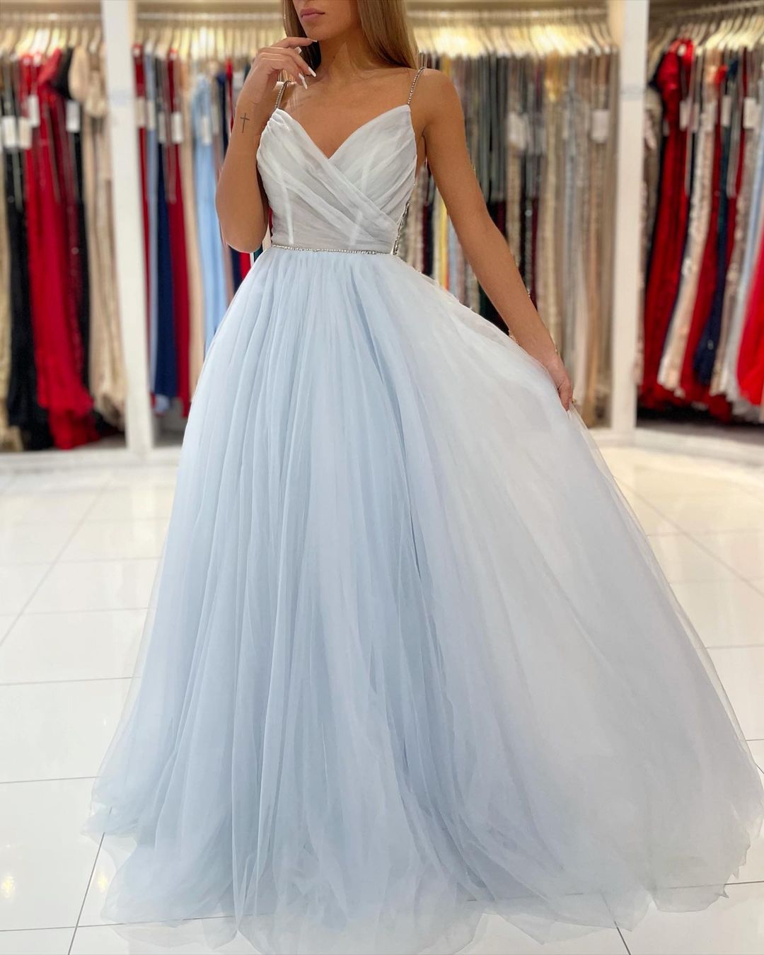 Glamorous Sweetheart Prom Dress Long Backless Tulle Evening Gowns-showprettydress