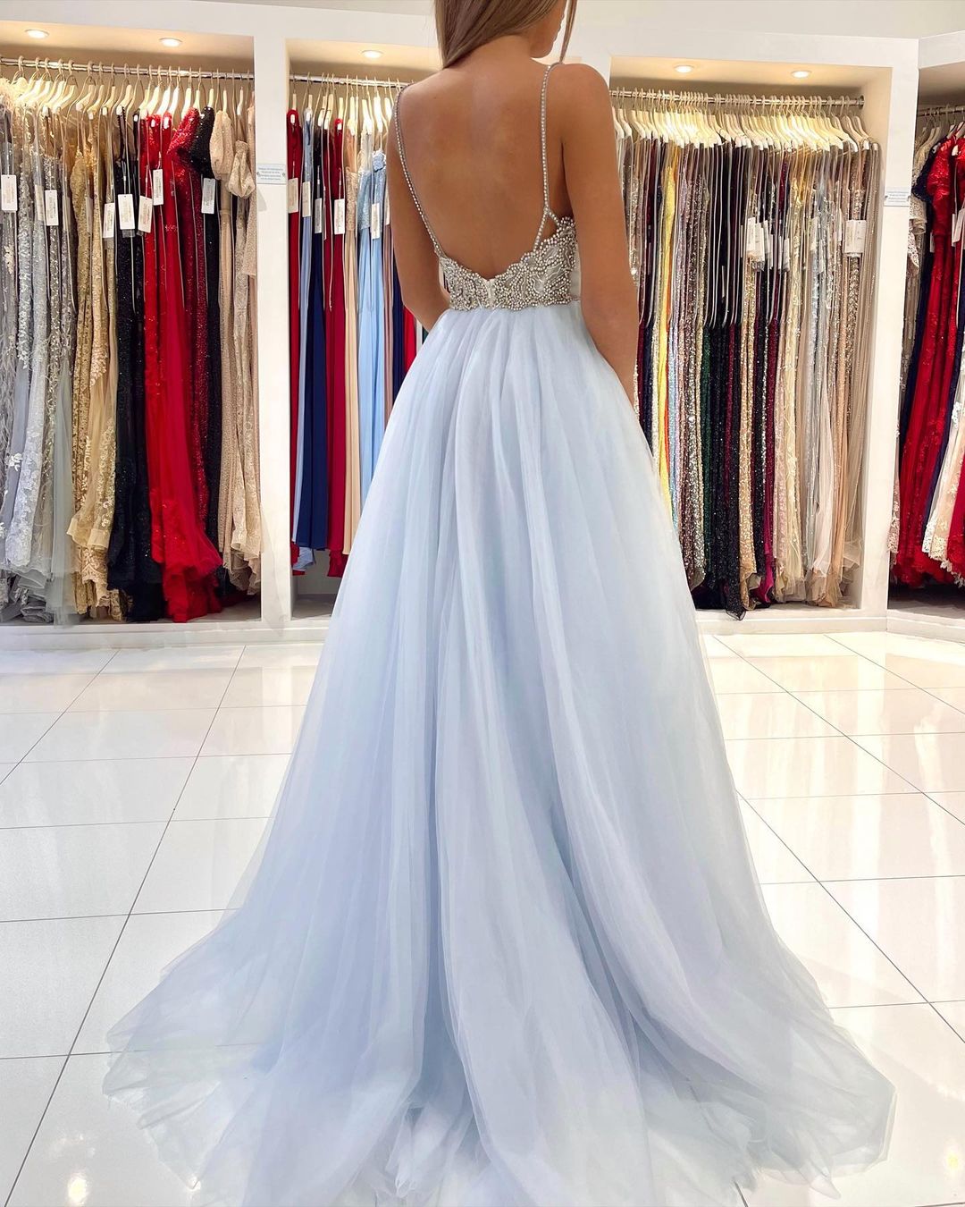 Glamorous Sweetheart Prom Dress Long Backless Tulle Evening Gowns-showprettydress