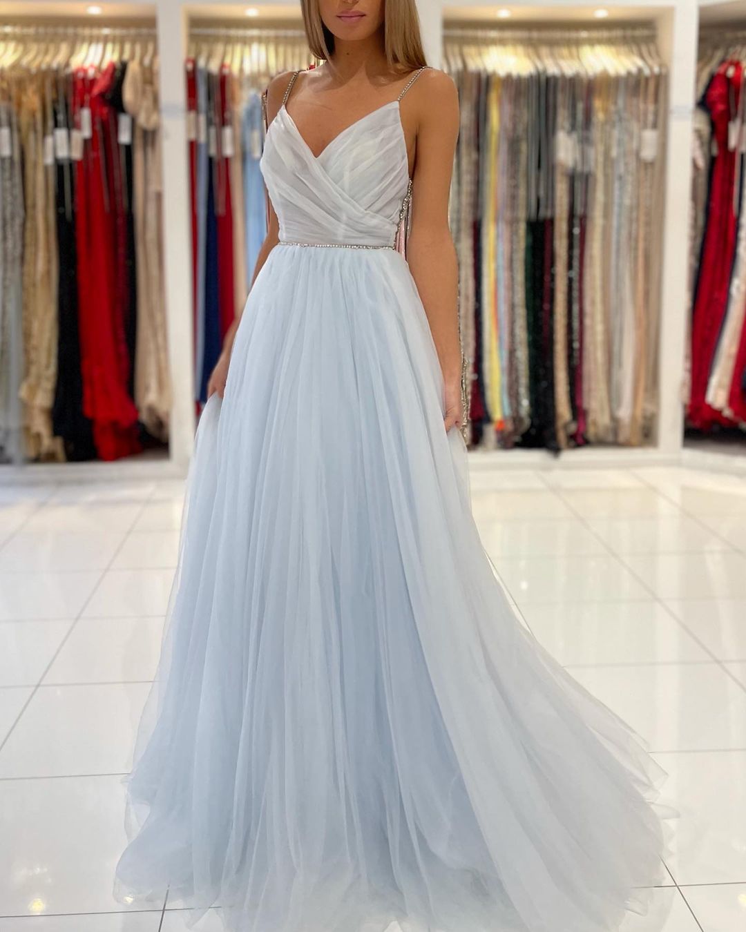 Glamorous Sweetheart Prom Dress Long Backless Tulle Evening Gowns-showprettydress
