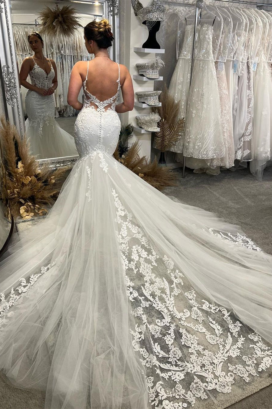 Glamorous V-Neck Spaghetti Straps Sleeveless Mermaid Bridal Gown-Showprettydress