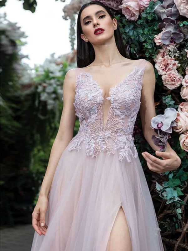 Glamorous Women Evening Dress A-Line V-Neck Floor-Length Backless Applique Lace Social Pageant Dresses Split Gown-showprettydress