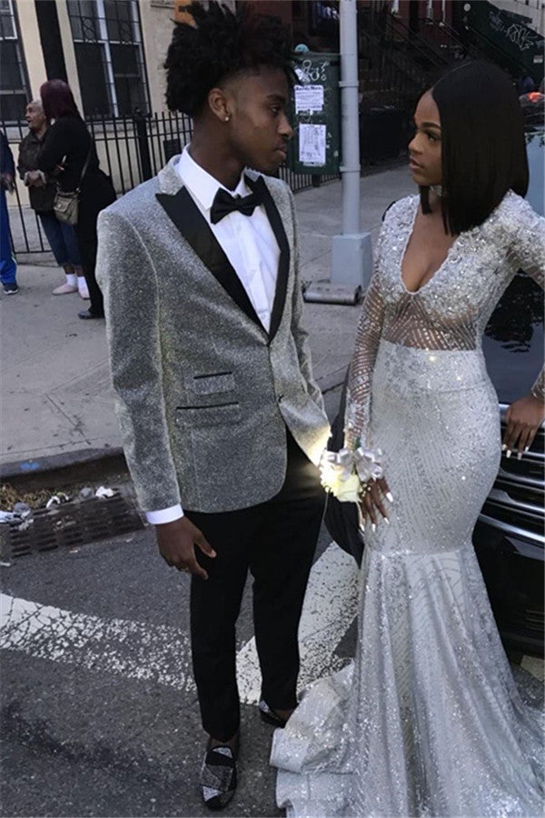 Glitter Silver Sequins Men Suits Peaked Lapel Two Piece Prom Outfits Glitter Silver Sequins Men Suits Peaked Lapel Two Piece Prom Outfits