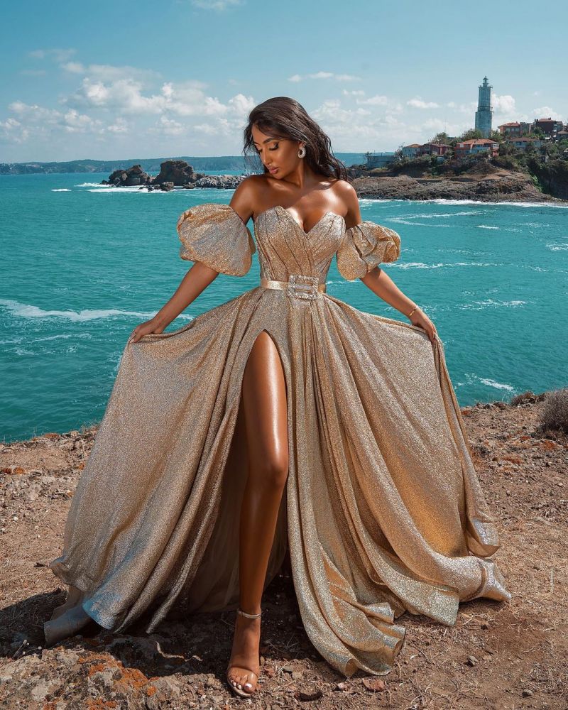 Glitter Sleeveless Splitfront Evening Party Maxi Dress Wedding Party Dress-showprettydress