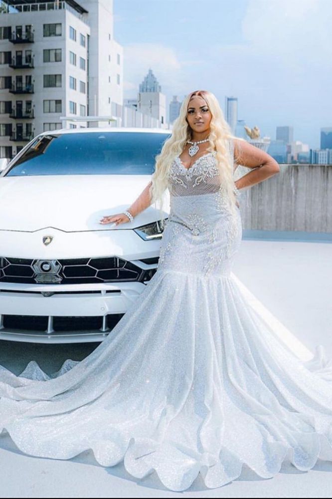 Glitter V-Neck affordable plus size prom dresses mermaid Evevning dress-showprettydress