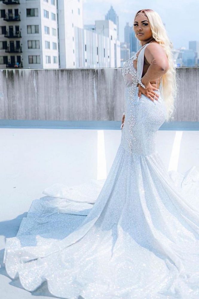 Glitter V-Neck affordable plus size prom dresses mermaid Evevning dress-showprettydress