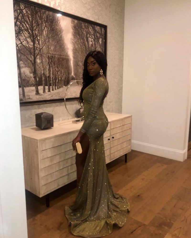 Glittering Silky V-neck Long Sleevess Slit Mermaid Prom Dresses-showprettydress