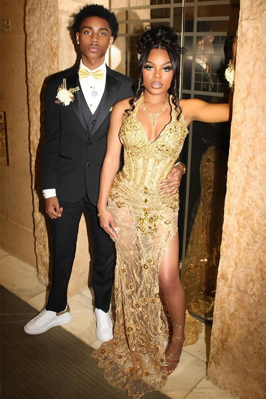 Gold Beaded Halter Mermaid High Split Floor length Prom Dresses-Showprettydress