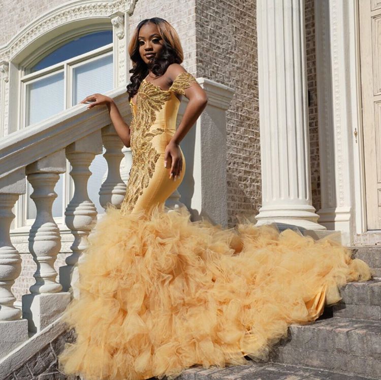 Gold Beads Appliques Fit and Flare Prom Dresses Off-the-Shoulder Tulle Ruffles Evening Gowns-showprettydress