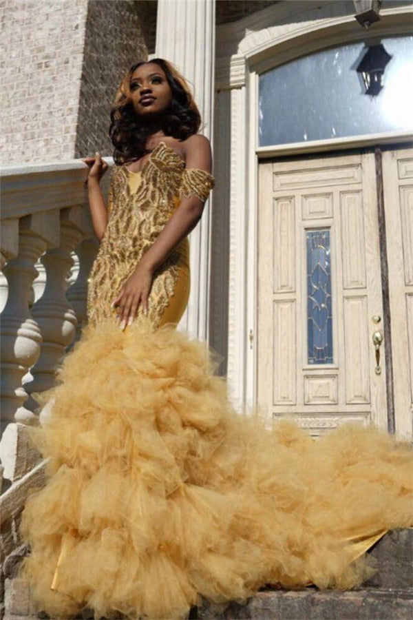 Gold Beads Appliques Fit and Flare Prom Dresses Off-the-Shoulder Tulle Ruffles Evening Gowns-showprettydress