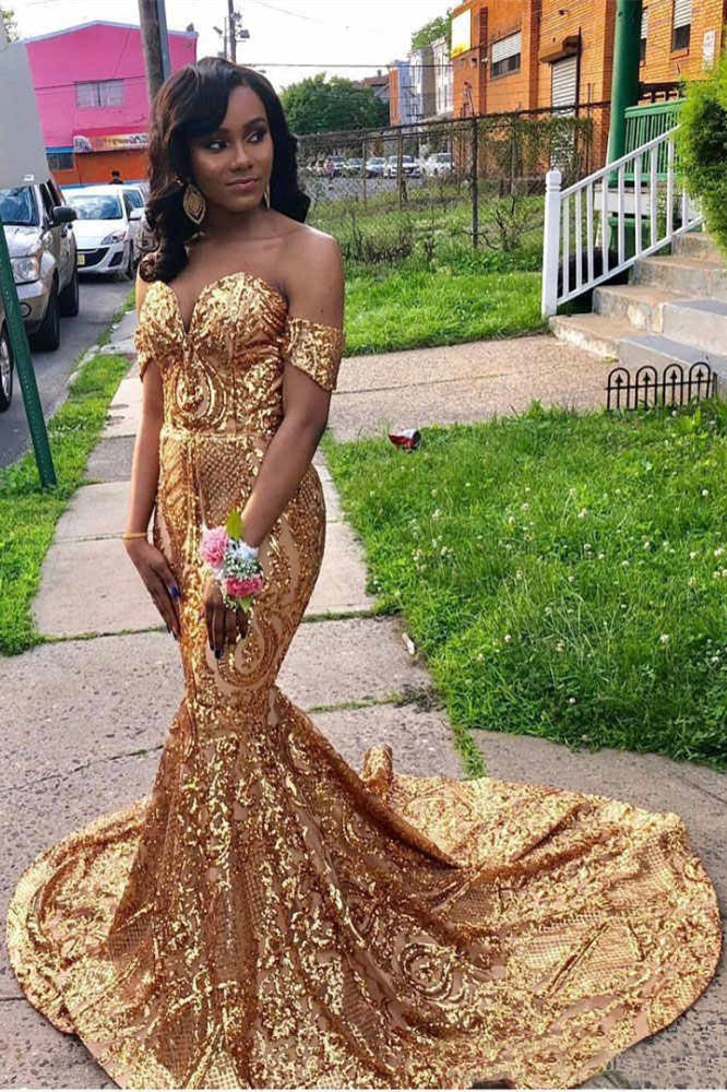 Gold Floor Length Off-the-Shoulder Mermaid Sweetheart Sleeveless Sequins Prom Dresses-showprettydress