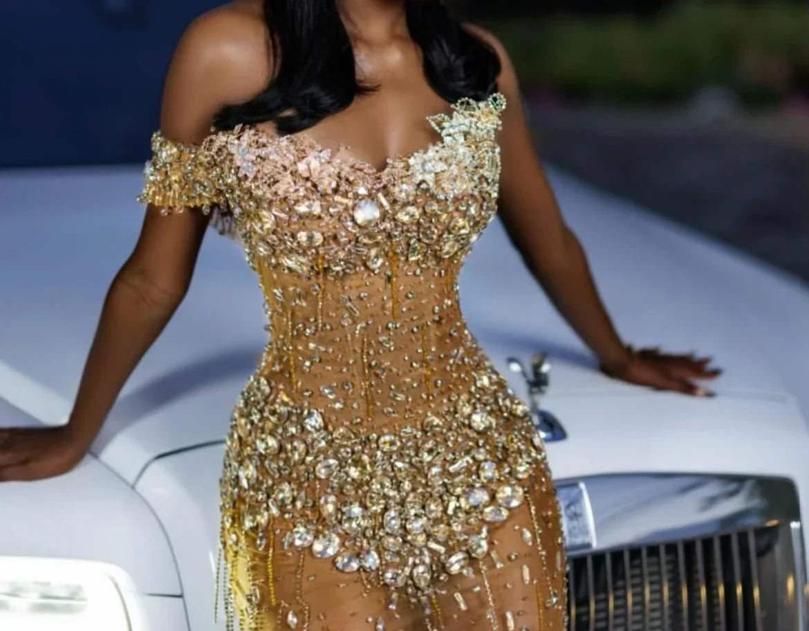 Gold Off Shoulder Sweetheart Silver Gems Floor length Prom Dress-showprettydress