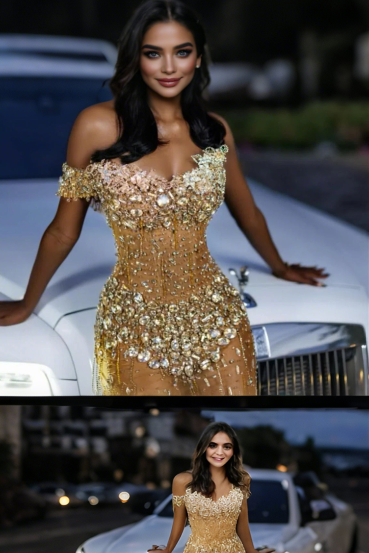 Gold Off Shoulder Sweetheart Silver Gems Floor length Prom Dress-showprettydress