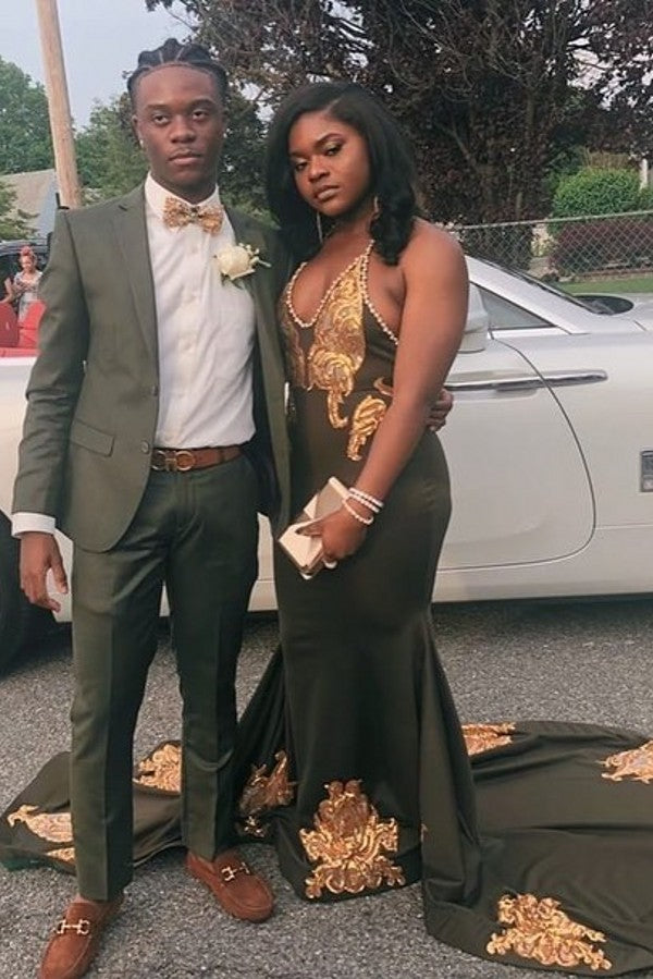 Golden Appliques Halter V-neck Long Train Mermaid Prom Gowns-showprettydress