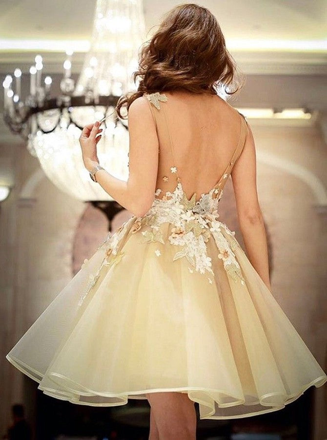 Gorgeous A-Line Flowers Homecoming Dresses Sleeveless Open Back Short Hoco Dress-showprettydress