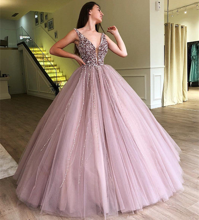 Gorgeous Ball Gown Tulle Beading Straps Sleeveless Prom Party Gowns-showprettydress