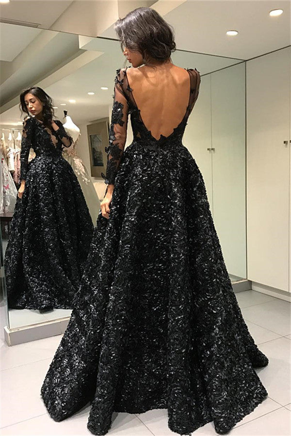 Gorgeous Black Elegant Long Sleevess Evening Dresses On Sale 3D Flowers Chic Open Back Prom Dresses-showprettydress