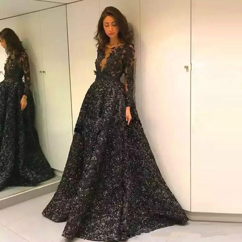 Gorgeous Black Elegant Long Sleevess Evening Dresses On Sale 3D Flowers Chic Open Back Prom Dresses-showprettydress