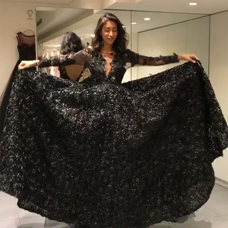 Gorgeous Black Elegant Long Sleevess Evening Dresses On Sale 3D Flowers Chic Open Back Prom Dresses-showprettydress