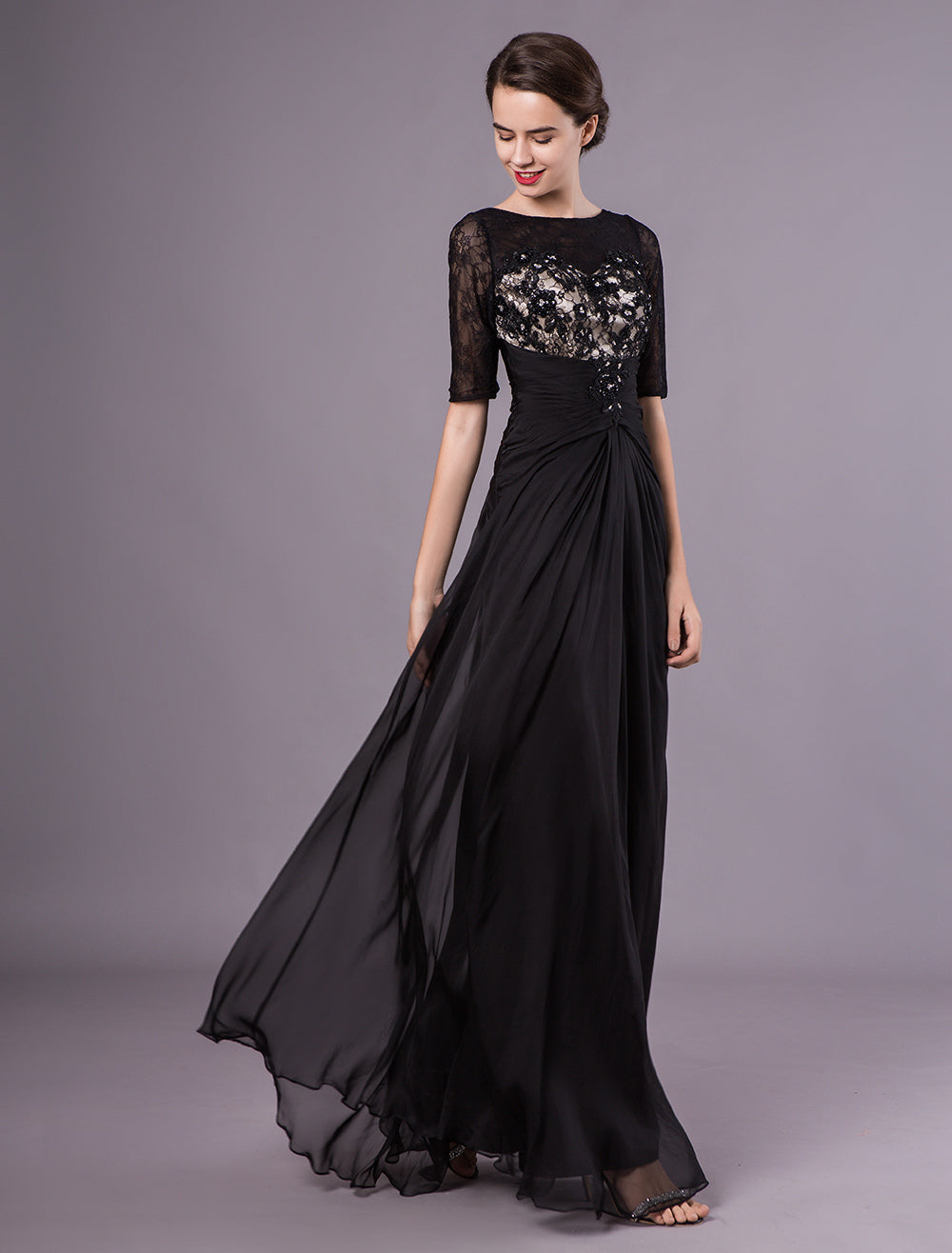 Gorgeous Black Evening Dresses Half Sleeves Lace Beading Chiffon Long Formal Gowns wedding guest dress-showprettydress
