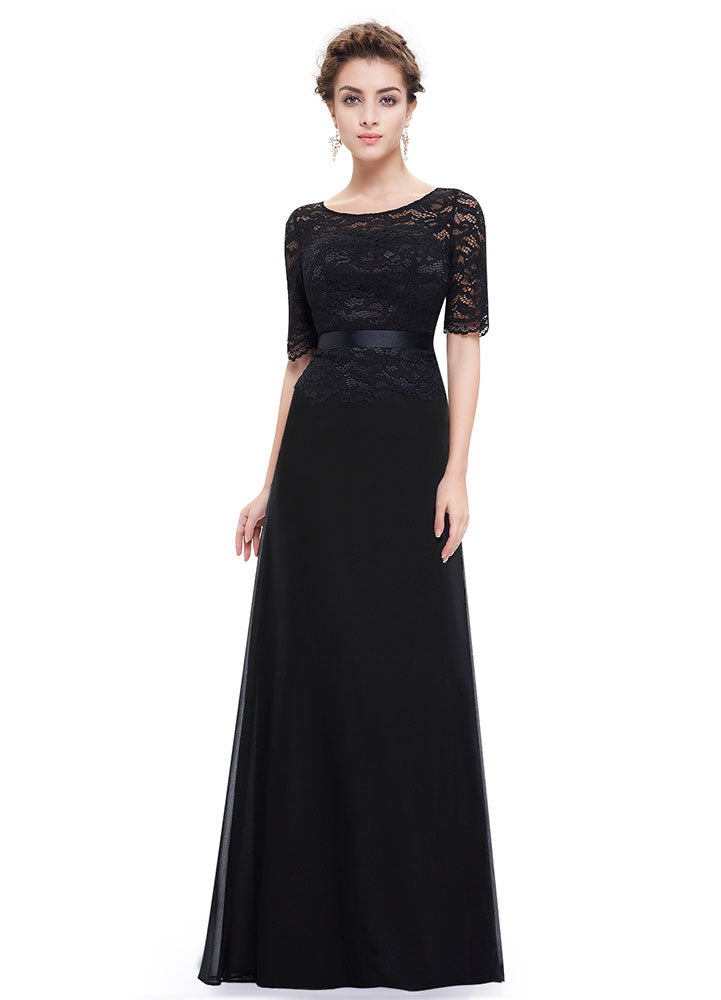 Gorgeous Black Evening Dresses Lace Applique Mother Of The Bride Dresses Chiffon Jewel Neck Half Sleeve A Line Floor Length Wedding Guest Dresses-showprettydress