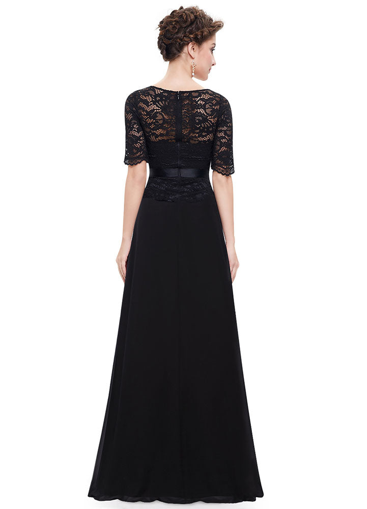 Gorgeous Black Evening Dresses Lace Applique Mother Of The Bride Dresses Chiffon Jewel Neck Half Sleeve A Line Floor Length Wedding Guest Dresses-showprettydress