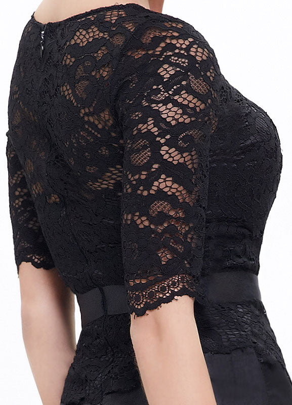 Gorgeous Black Evening Dresses Lace Applique Mother Of The Bride Dresses Chiffon Jewel Neck Half Sleeve A Line Floor Length Wedding Guest Dresses-showprettydress