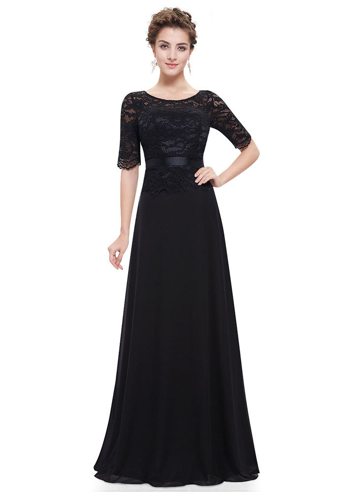 Gorgeous Black Evening Dresses Lace Applique Mother Of The Bride Dresses Chiffon Jewel Neck Half Sleeve A Line Floor Length Wedding Guest Dresses-showprettydress