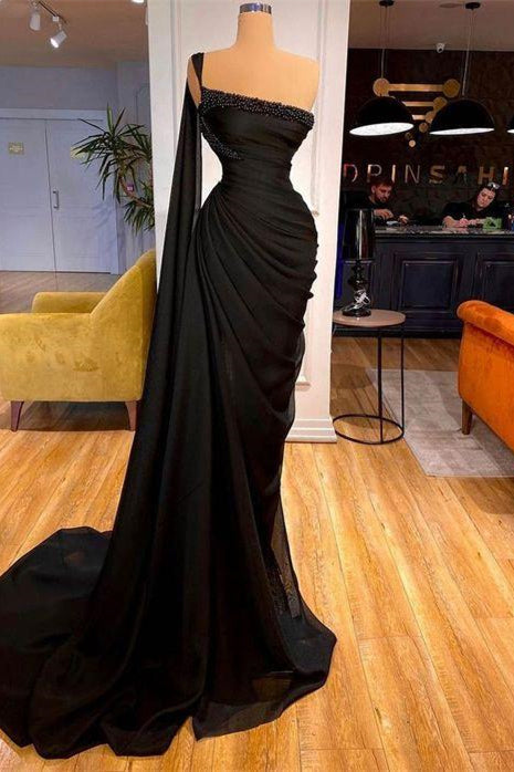 Gorgeous Black One Shoulder Mermaid Prom Dress Long Ruffles-showprettydress