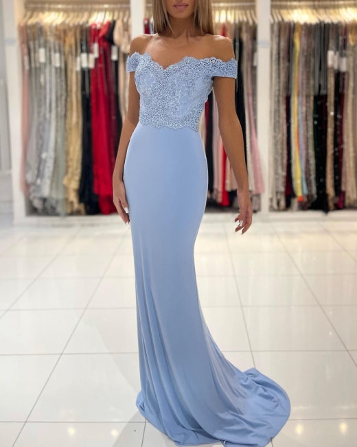 Gorgeous Blue Off-the-shoulder Mermaid Prom Dresses With Lace-showprettydress