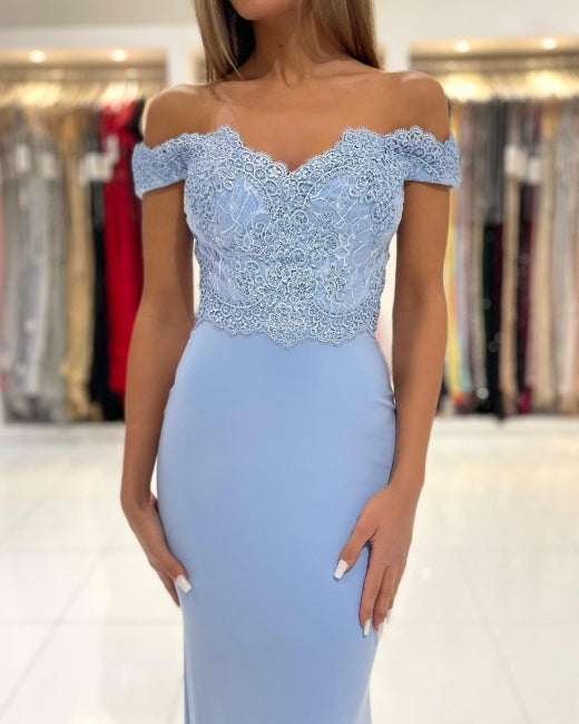 Gorgeous Blue Off-the-shoulder Mermaid Prom Dresses With Lace-showprettydress
