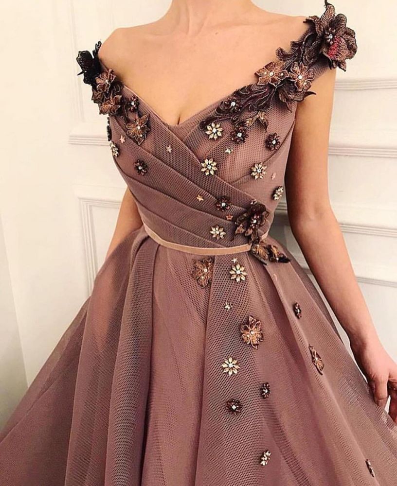 Gorgeous Brown Prom Party Gowns| V-Neck Ball Gown Evening Gowns-showprettydress