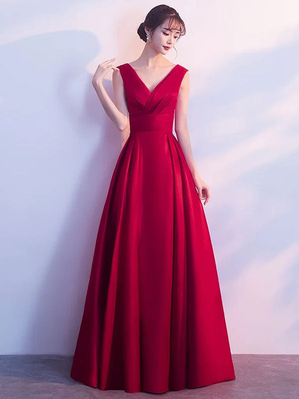 Gorgeous Burgundy Evening Dresses Long V Neck Sleeveless Pleated A Lin