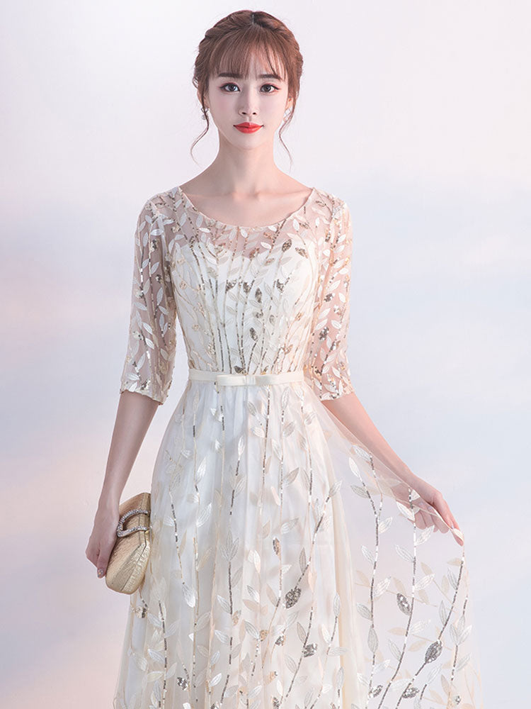 Gorgeous Champagne Evening Dress Sash Mother Of The Bride Dresses Round Neck Half Sleeve Lace A Line Floor Length Occasion Dresses-showprettydress