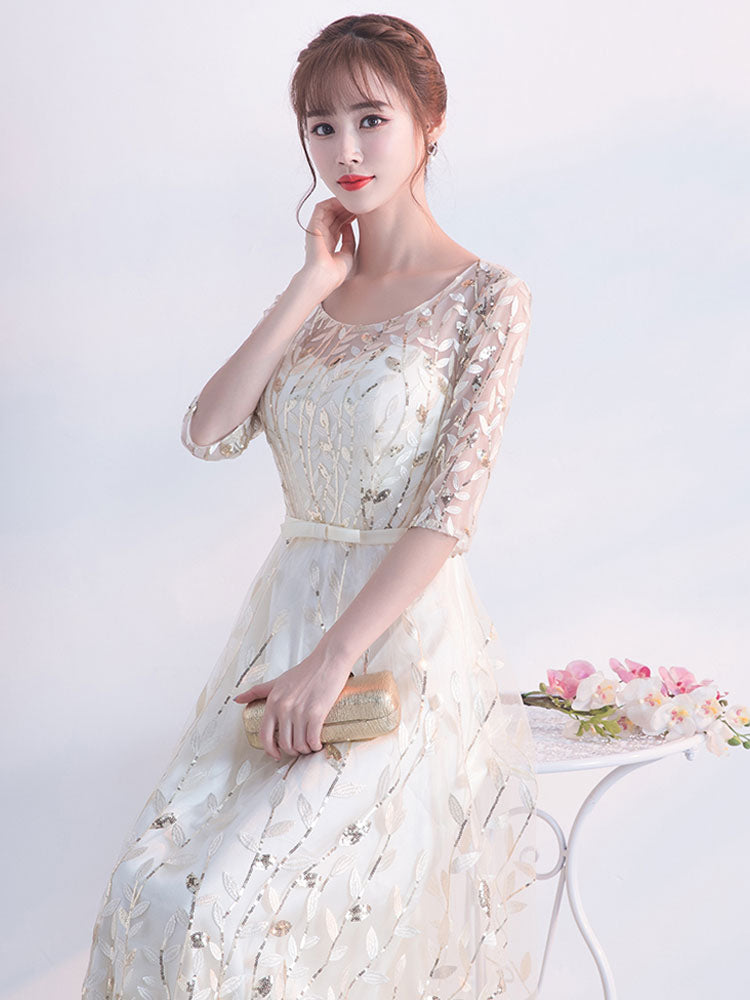 Gorgeous Champagne Evening Dress Sash Mother Of The Bride Dresses Round Neck Half Sleeve Lace A Line Floor Length Occasion Dresses-showprettydress