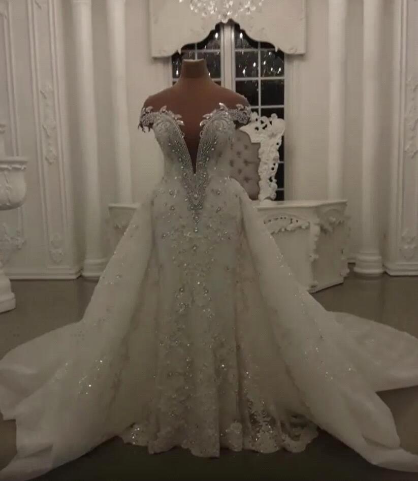 Gorgeous Crystal Lace Off-the-Shoulder V-neck Beading Wedding Dresses with Detachable Overskirt-showprettydress