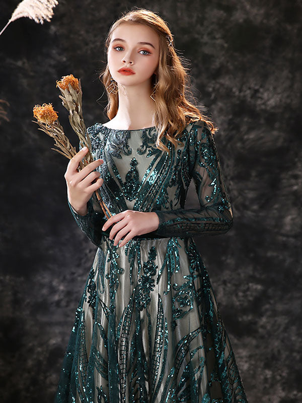 Gorgeous Evening Dress A-Line Jewel Neck With Train Long Sleeves Zipper Lace Lace Formal Party Dresses-showprettydress