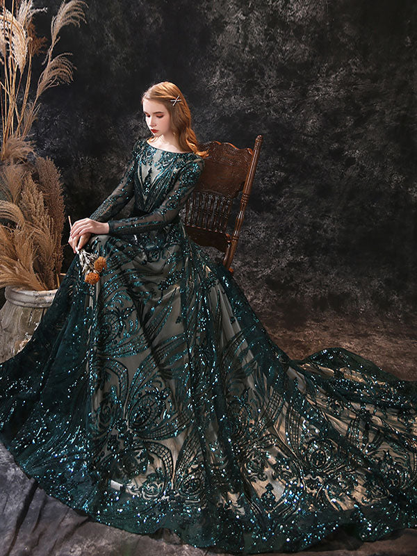 Gorgeous Evening Dress A-Line Jewel Neck With Train Long Sleeves Zipper Lace Lace Formal Party Dresses-showprettydress