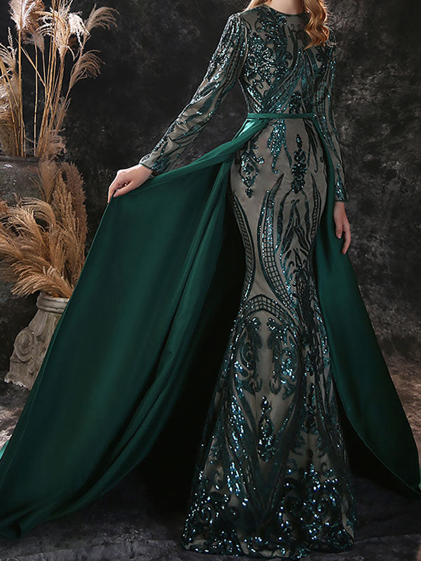 Gorgeous Evening Dress Mermaid Jewel Neck With Train Long Sleeves Zipper Lace Lace Social Pageant Dresses-showprettydress