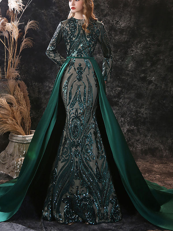 Gorgeous Evening Dress Mermaid Jewel Neck With Train Long Sleeves Zipper Lace Lace Social Pageant Dresses-showprettydress
