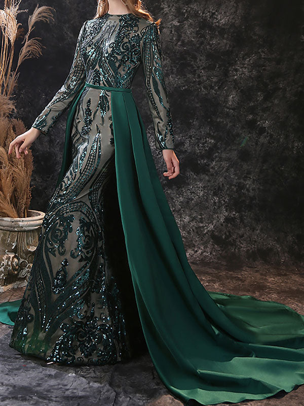 Gorgeous Evening Dress Mermaid Jewel Neck With Train Long Sleeves Zipper Lace Lace Social Pageant Dresses-showprettydress