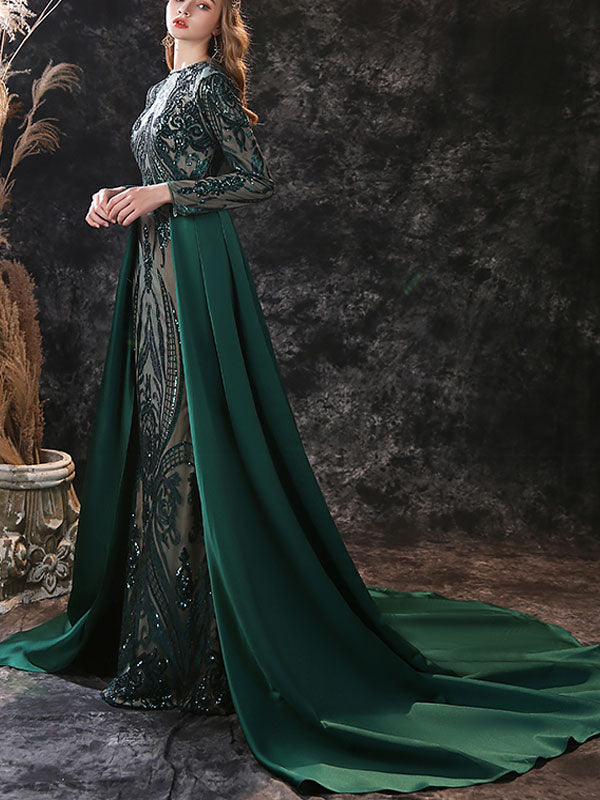 Gorgeous Evening Dress Mermaid Jewel Neck With Train Long Sleeves Zipper Lace Lace Social Pageant Dresses-showprettydress