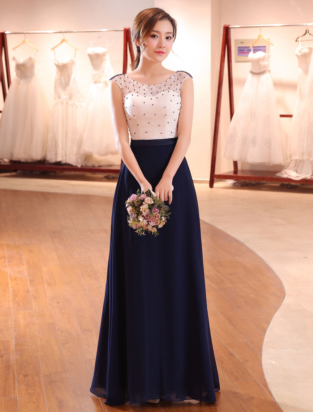 Gorgeous Evening Dresses Dark Navy Lace Formal Dress Illusion Beaded Contrast Color Floor Length Wedding Guest Dress-showprettydress