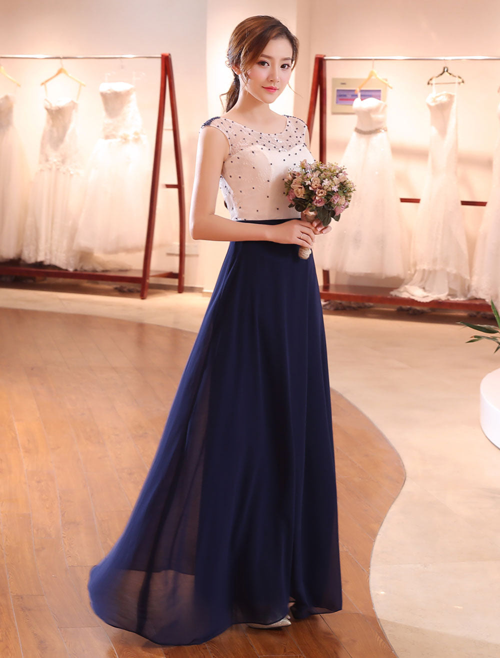 Gorgeous Evening Dresses Dark Navy Lace Formal Dress Illusion Beaded Contrast Color Floor Length Wedding Guest Dress-showprettydress