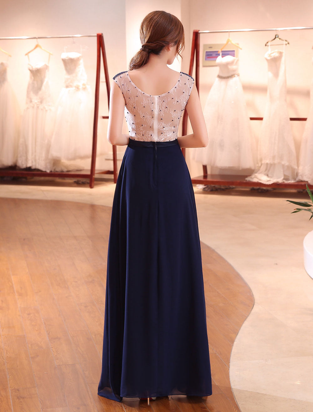 Gorgeous Evening Dresses Dark Navy Lace Formal Dress Illusion Beaded Contrast Color Floor Length Wedding Guest Dress-showprettydress