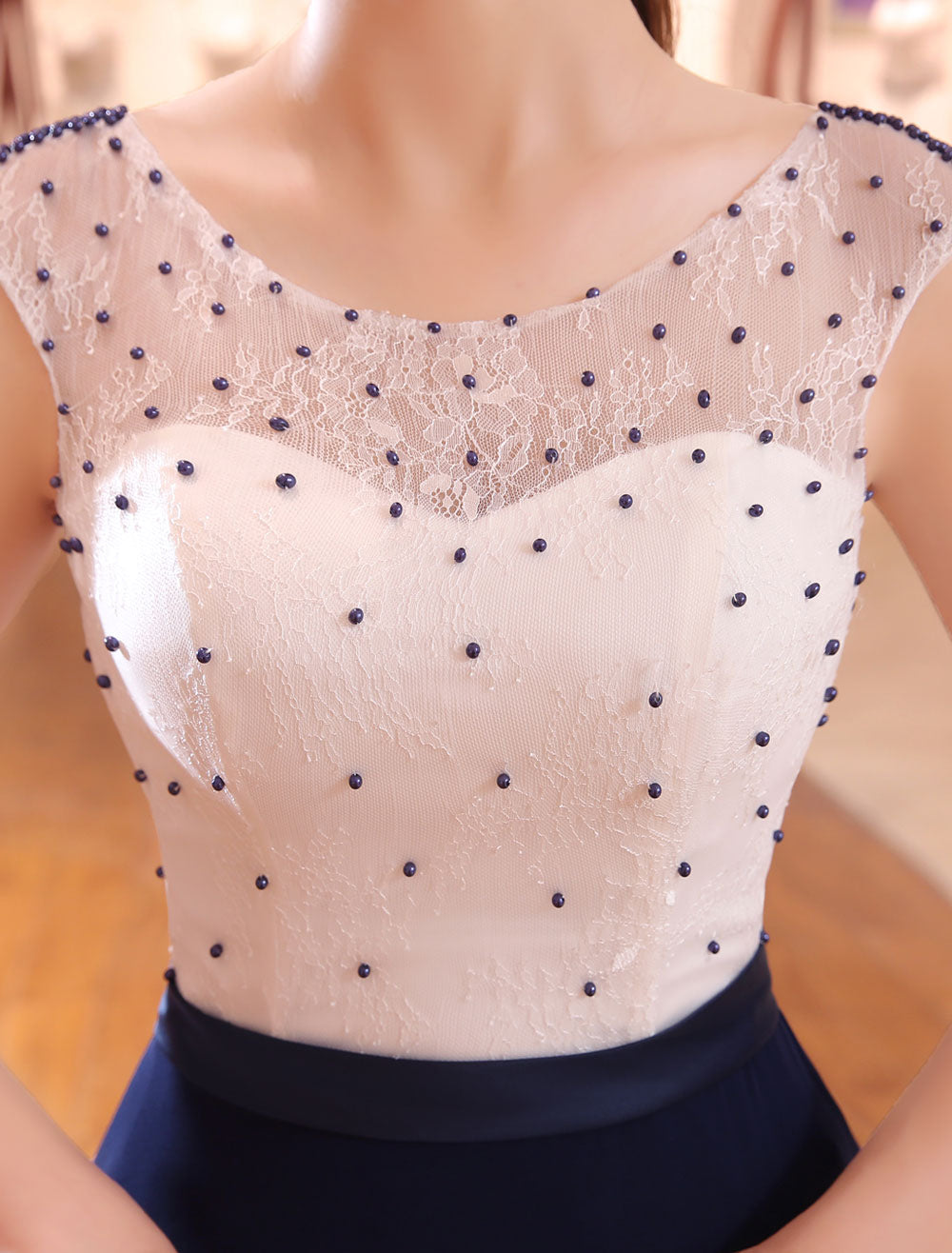 Gorgeous Evening Dresses Dark Navy Lace Formal Dress Illusion Beaded Contrast Color Floor Length Wedding Guest Dress-showprettydress