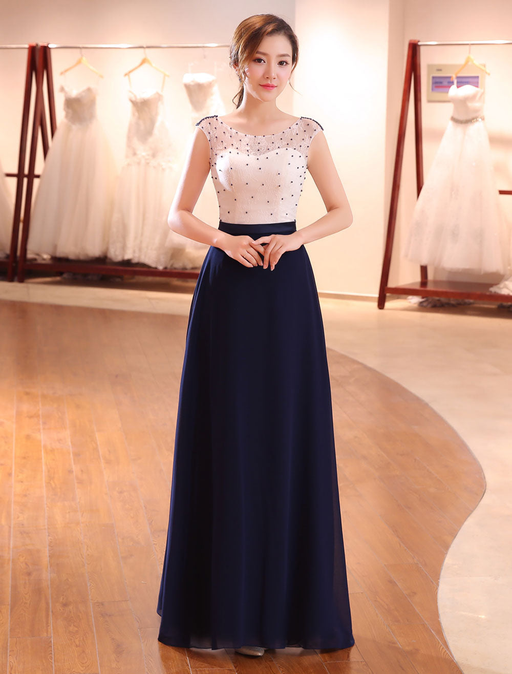 Gorgeous Evening Dresses Dark Navy Lace Formal Dress Illusion Beaded Contrast Color Floor Length Wedding Guest Dress-showprettydress