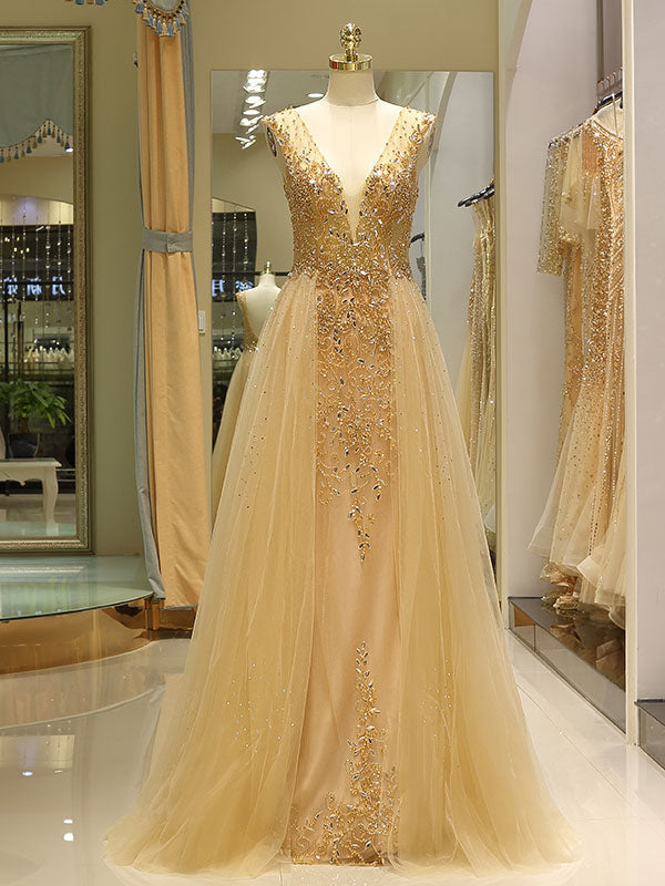 Gorgeous Evening Dresses Grey Luxury Heavy Beaded Tulle Backless V Neck Formal Evening Dress With Train-showprettydress