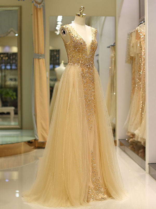 Gorgeous Evening Dresses Grey Luxury Heavy Beaded Tulle Backless V Neck Formal Evening Dress With Train-showprettydress