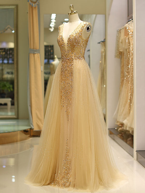 Gorgeous Evening Dresses Grey Luxury Heavy Beaded Tulle Backless V Neck Formal Evening Dress With Train-showprettydress